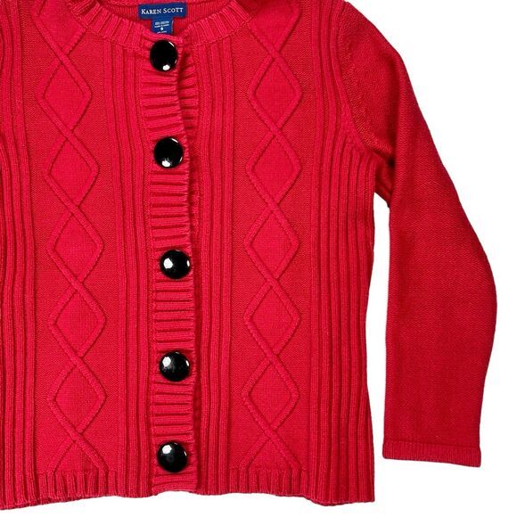 Karen Scott Cardigan Sweater Womens S Red Chunky Cable Knit Granny Cozy Academia - Picture 5 of 16